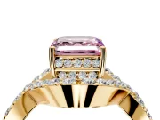 Halo Engagement Ring Setting for Fancy Pink Asscher Cut Center with Pave Infinity Twist Band and Prong Head in Yellow Gold