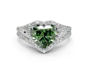 Halo Engagement Ring Setting for Fancy Green Heart-Shaped Center with Narrow Pave Split Shank and Prong Head in White Gold