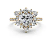 Floral Halo Engagement Ring Setting for Heart-Shaped Center with Pave Accents and Prong Head in Yellow Gold