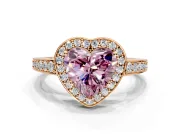 Bezel-Framed Halo Engagement Ring Setting for Fancy Pink Heart-Shaped Center with Pave Band and Prong Head in Rose Gold