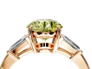 3 Stone Engagement Ring Setting for Fancy Yellow Round Cut Center with Baguette Accents and Prong Head in Rose Gold