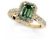 Halo Engagement Ring Setting for Fancy Green Emerald Cut Center with Full Pave Band and Prong Head in Yellow Gold