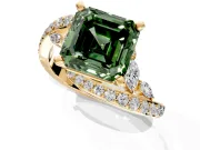 Solitaire Engagement Ring Setting for Fancy Green Asscher Cut Center with Pave Bypass Twist Band and Prong Head in Yellow Gold