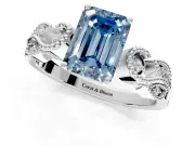 Leaf Engagement Ring Setting for Fancy Blue Emerald Cut Center with Milgrain Accent Band and Prong Head in Sterling Silver