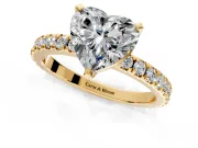 Solitaire Engagement Ring Setting for Heart-Shaped Center with Fine Pave Band and Claw Prong Head in Yellow Gold