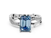 Solitaire Engagement Ring Setting for Fancy Blue Emerald Cut Center with Pave and Plain Crossover Band and Prong Head in White Gold