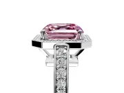 Bezel-Framed Halo Engagement Ring Setting for Fancy Pink Asscher Cut Center with Pave Band and Prong Head in White Gold