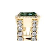 Halo Engagement Ring Setting for Fancy Green Emerald Cut Center with Wide-Open Pave Split Shank and Prong Head in Yellow Gold