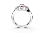 3 Stone Engagement Ring Setting for Fancy Pink Oval Center with Raised Basket Heads and Prong Head in Platinum