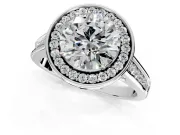 Halo Engagement Ring Setting for Round Cut Center with Outer Bezel Rim, Pave Band and Prong Head in Platinum