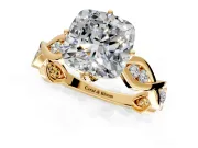 Solitaire Engagement Ring Setting for Cushion Cut Center with Accented Twist Band and Leaf Prong Head in Yellow Gold
