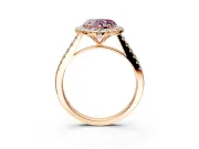 Halo Engagement Ring Setting for Fancy Pink Heart-Shaped Center with Narrowing Pave Band and Prong Head in Rose Gold