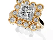Cluster Halo Engagement Ring Setting for Princess Cut Center with Milgrain Bezel Accents and Prong Head in Yellow Gold