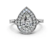Halo Engagement Ring Setting for Pear-Shaped Center with Milgrain Rim, Pave Band and Prong Head in Sterling Silver