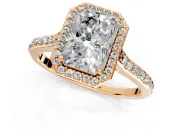 Halo Engagement Ring Setting for Radiant Cut Center with Pave Accents, Heart Basket and Prong Head in Rose Gold
