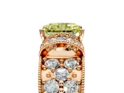 Pave Engagement Ring Setting for Fancy Yellow Radiant Cut Center with Curved Accent Rows, Openwork and Prong Head in Rose Gold