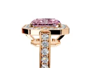 Bezel-Framed Halo Engagement Ring Setting for Fancy Pink Radiant Cut Center with Pave Band and Prong Head in Rose Gold