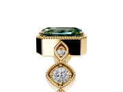Vintage Station Engagement Ring Setting for Fancy Green Emerald Cut Center with Accents and Prong Head in Yellow Gold