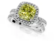Halo Engagement Ring Setting for Fancy Yellow Cushion Cut Center with Double Pave Split Shank and Prong Head in Sterling Silver