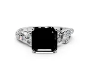 Leaf Motif Engagement Ring Setting for Fancy Black Asscher Cut Center with Pave Band and Prong Head in Sterling Silver