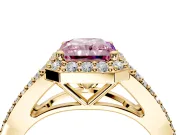 Halo Engagement Ring Setting for Fancy Pink Radiant Cut Center with Pave Split Shank and Prong Head in Yellow Gold