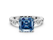 Solitaire Engagement Ring Setting for Fancy Blue Asscher Cut Center with Beaded Bezel Station Band and Prong Head in Sterling Silver