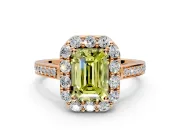 Floral Halo Engagement Ring Setting for Fancy Yellow Emerald Cut Center with Large Halo Accents and Prong Head in Rose Gold
