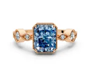 Vintage Station Engagement Ring Setting for Fancy Blue Radiant Cut Center with Accents and Prong Head in Rose Gold