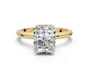 Hidden Halo Engagement Ring Setting for Radiant Cut Center with Plain Rounded Band and Prong Head in Yellow Gold