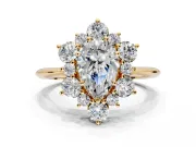 Small-Accent Cluster Halo Engagement Ring Setting for Pear-Shaped Center with Plain Band and Prong Head in Yellow Gold