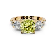 3 Stone Engagement Ring Setting for Fancy Yellow Cushion Cut Center with Crossover Basket, Pave Band and Prong Head in Yellow Gold