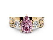 3 Stone Engagement Ring Setting for Fancy Pink Pear-Shaped Center with Pave Twist Band and Prong Head in Yellow Gold