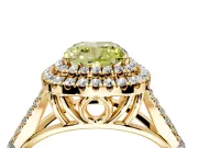 Double Halo Engagement Ring Setting for Fancy Yellow Cushion Cut Center with Narrow Pave Split Shank and Prong Head in Yellow Gold