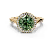 Halo Engagement Ring Setting for Fancy Green Round Cut Center with Twist Band and Prong Head in Yellow Gold