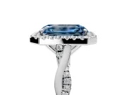 Halo Engagement Ring Setting for Fancy Blue Emerald Cut Center with Twist Band and Prong Head in Platinum