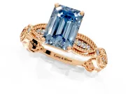 Solitaire Engagement Ring Setting for Fancy Blue Emerald Cut Center with Marquise Panel Band and Prong Head in Rose Gold