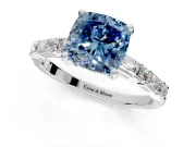 Baguette Engagement Ring Setting for Fancy Blue Cushion Cut Center with Alternating Bar-Set Band and Prong Head in Platinum