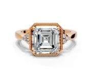 Cluster Engagement Ring Setting for Asscher Cut Center with Milgrain Shoulder Clusters and Prong Head in Rose Gold