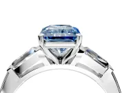 3 Stone Engagement Ring Setting for Fancy Blue Radiant Cut Center with Tapered Baguettes, Plain Band and Prong Head in Sterling Silver