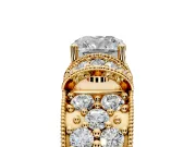 Pave Engagement Ring Setting for Cushion Cut Center with Curved Accent Rows, Openwork and Prong Head in Yellow Gold