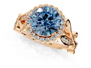 Halo Engagement Ring Setting for Fancy Blue Round Cut Center with Leaf Motif Split Shank and Prong Head in Rose Gold