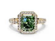 Halo Engagement Ring Setting for Fancy Green Radiant Cut Center with Heart-Shaped Openwork, Pave Band and Prong Head in Yellow Gold