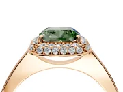 Halo Engagement Ring Setting for Fancy Green Cushion Cut Center with Plain Tapered Band and Prong Head in Rose Gold