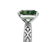 Solitaire Engagement Ring Setting for Fancy Green Emerald Cut Center with Milgrain X Pattern Band and Prong Head in Sterling Silver