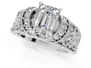 Pave Engagement Ring Setting for Emerald Cut Center with Curved Accent Rows, Openwork and Prong Head in Platinum