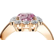 Halo Engagement Ring Setting for Fancy Pink Cushion Cut Center with Milgrain Channel Band and Prong Head in Rose Gold