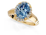 Halo Engagement Ring Setting for Fancy Blue Oval Center with Knife Ridge Cathedral Band and Prong Head in Yellow Gold