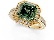 Halo Engagement Ring Setting for Fancy Green Asscher Cut Center with Framed Halo, Pave Band and Prong Head in Yellow Gold