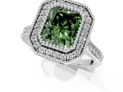 Halo Engagement Ring Setting for Fancy Green Radiant Cut Center with Milgrain Frame, Pave Band and Prong Head in White Gold