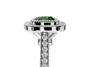 Halo Engagement Ring Setting for Fancy Green Cushion Cut Center with Milgrain Frame, Pave Band and Prong Head in Sterling Silver